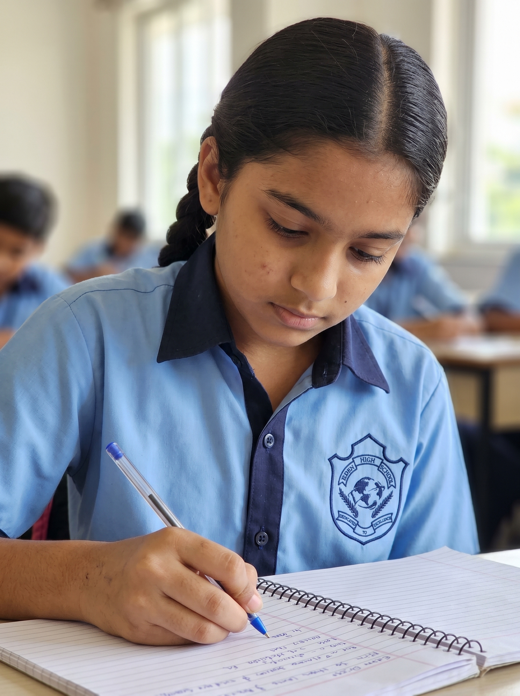 Student writing in class at Eden High School
